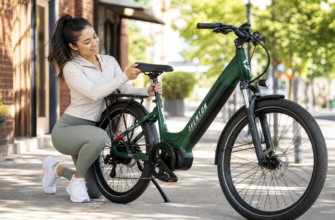 Woman adjusting e-bike seat height for short rider fit
