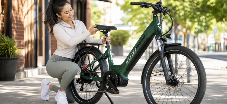 Woman adjusting e-bike seat height for short rider fit