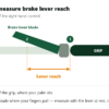 Diagram showing where to measure brake lever reach: from the front face of the grip to the face of the lever blade, with the lever at rest
