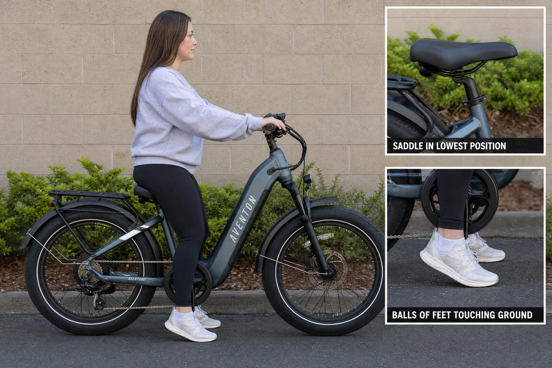 A short woman seated on an electric bike, with the balls of her feet comfortably touching the ground.