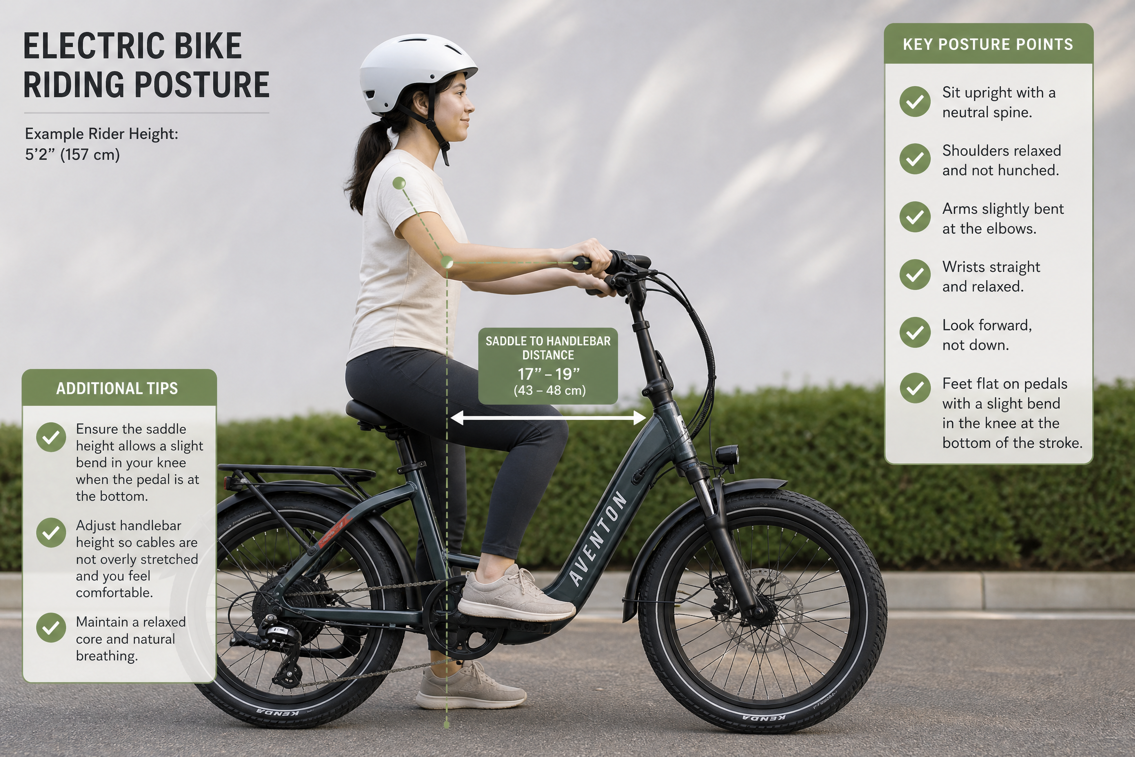A short woman demonstrating correct posture on an electric bike, with slightly bent arms and relaxed shoulders.