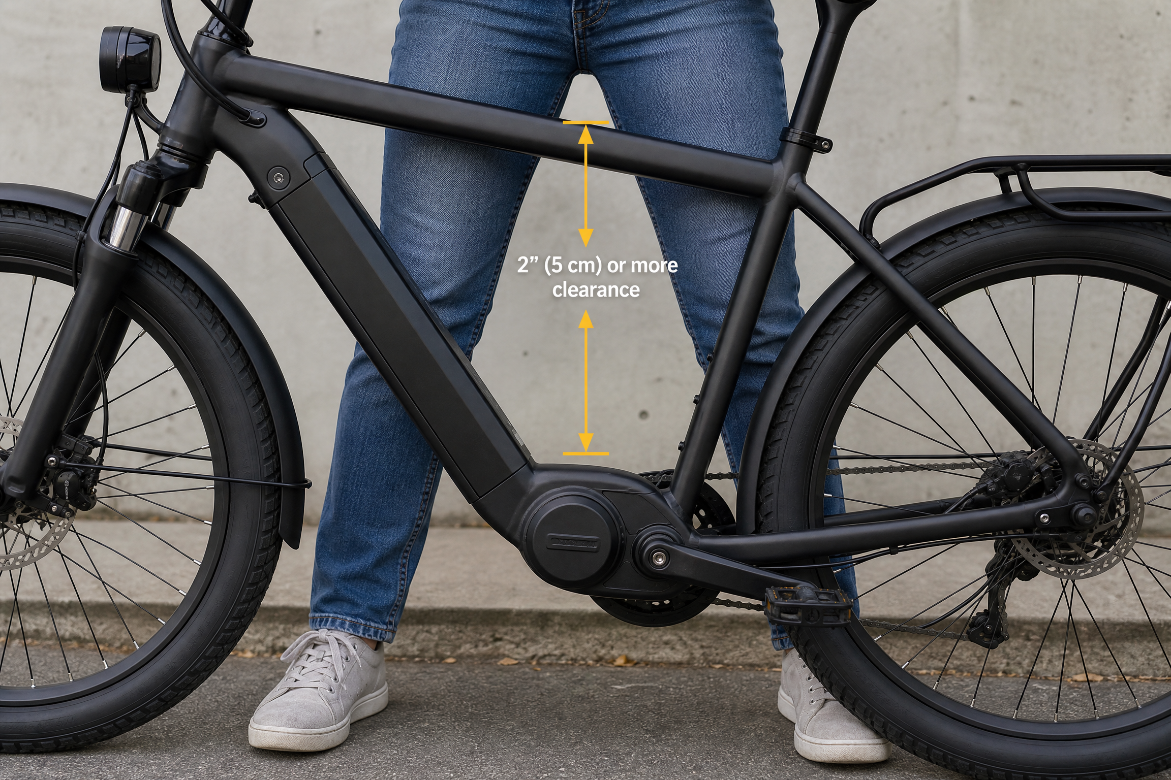 Close-up of a short person straddling an electric bike, showing proper standover height clearance.
