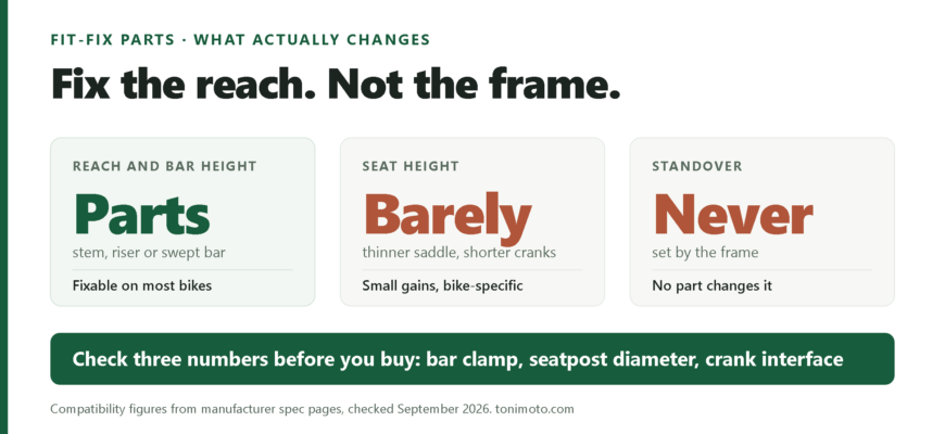 Graphic summarising which e-bike fit problems parts can fix for short riders: handlebar height and reach are adjustable with stems and bars, seat height only slightly with a saddle, and standover height not at all